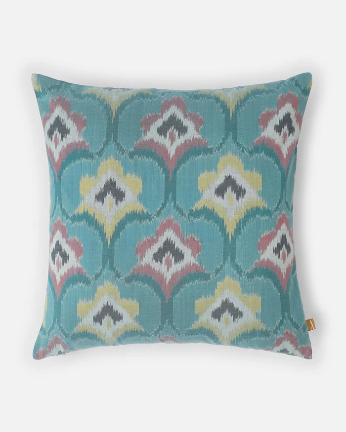Front — rose, yellow and grey diamonds in aqua Pochampally ikat silk pillow