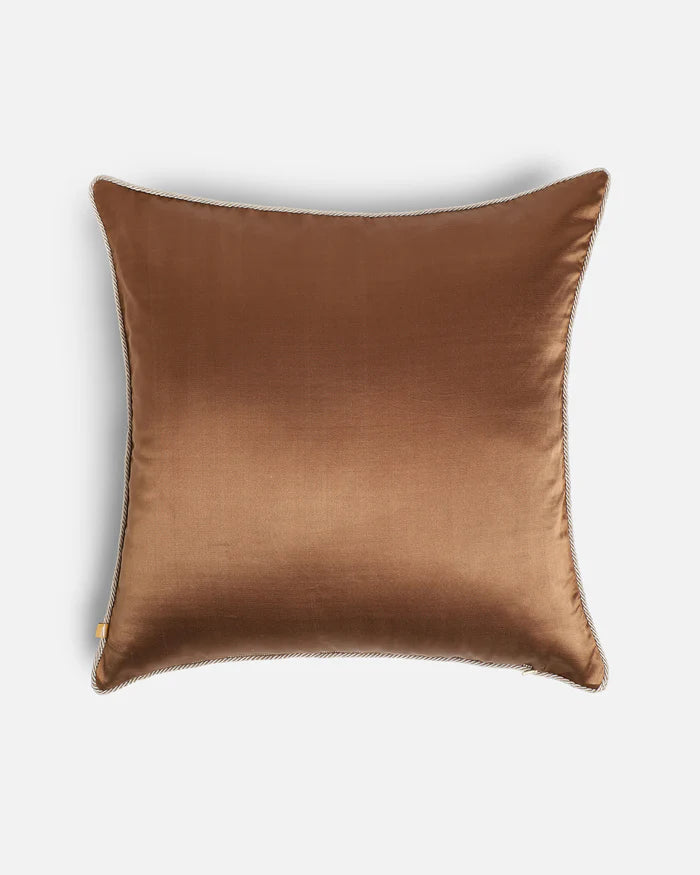 Reverse in warm bronze silk with hand-twisted piping