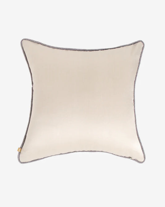 The reverse side of the 20x20 Vintage Rose pillow showing a smooth, solid face of luminous cream silk with grey corded trim.