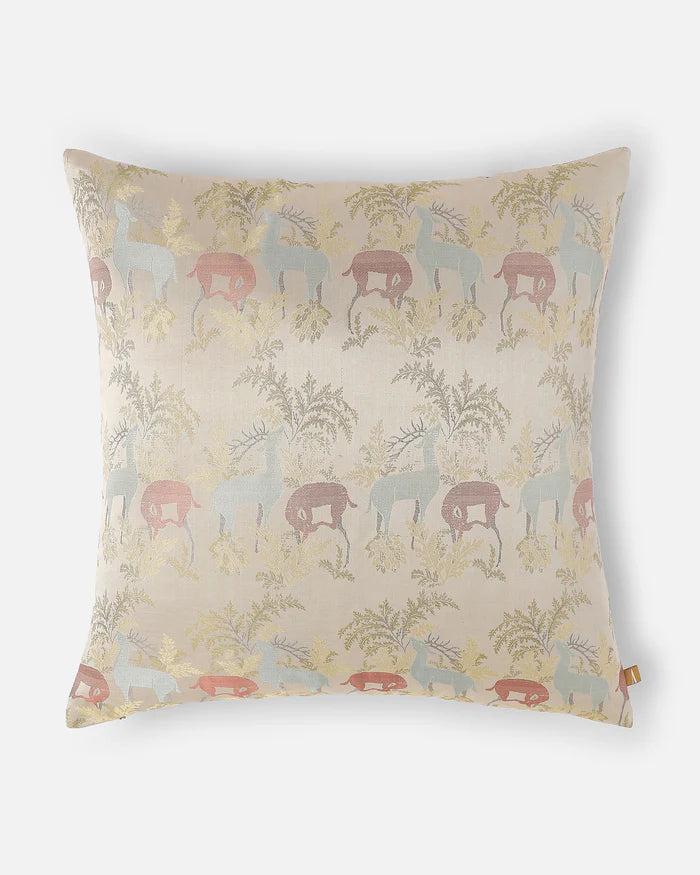 Front — pastel-and-gold deer and forest woven into ivory Tanchoi silk