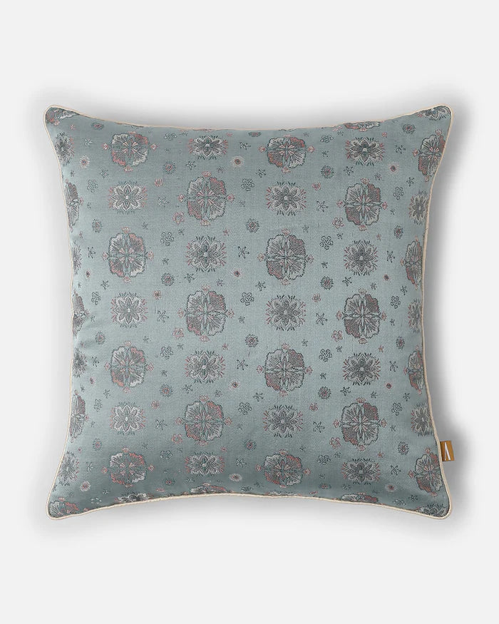 Front — powder-blue Tanchoi silk with woven floral motifs