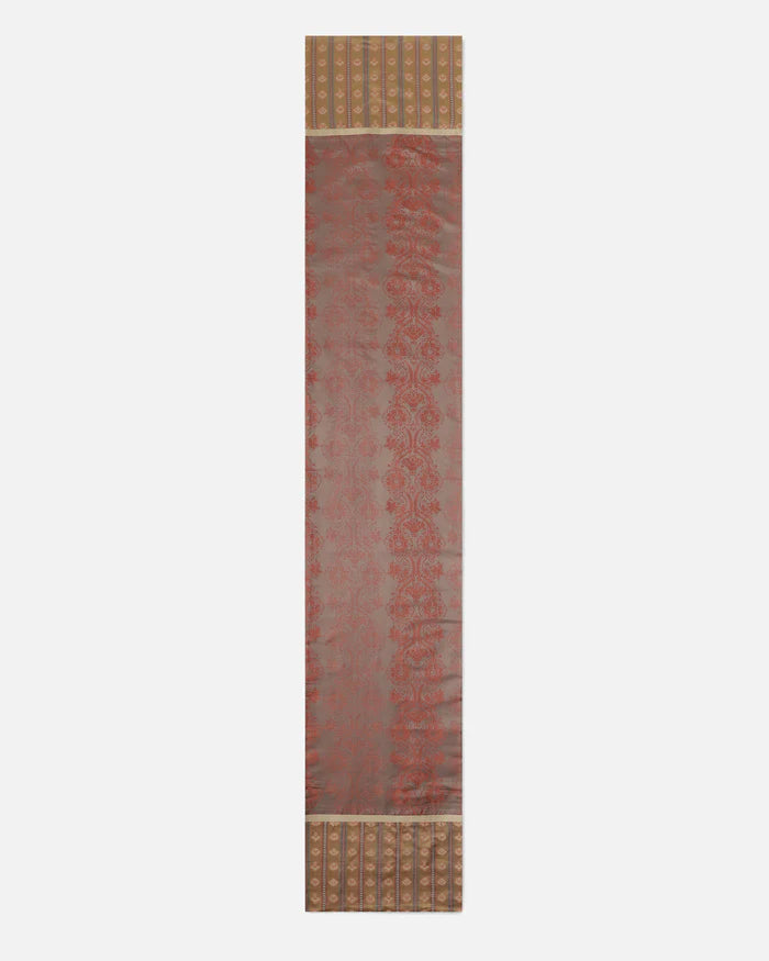 Full length of the rose-gold Banarasi silk runner with gold border