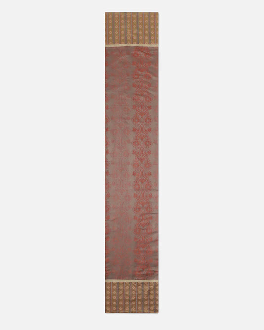 Full length of the rose-gold Banarasi silk runner with gold border