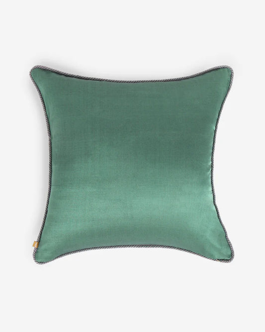 Reverse in solid sage-green silk with tonal piping