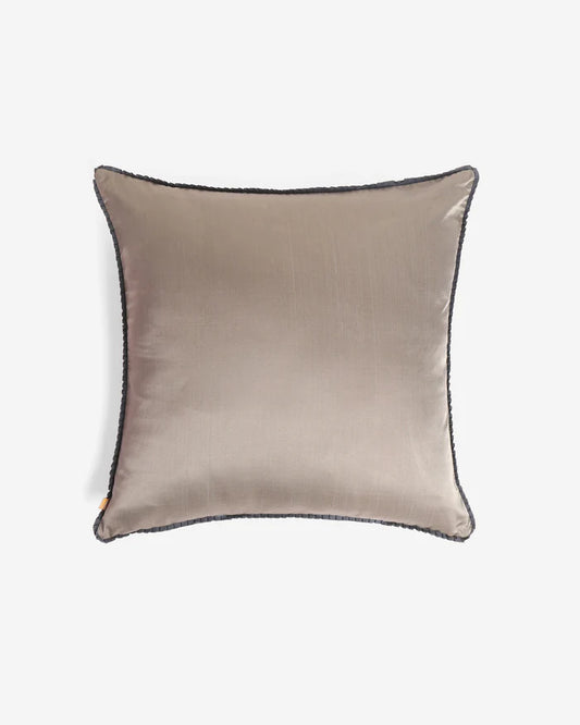 Reverse in solid taupe silk with pleated trim