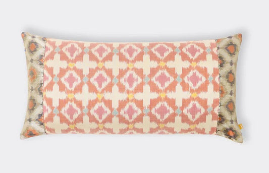 handwoven Pochampally ikat silk cushion showing signature feathered pattern