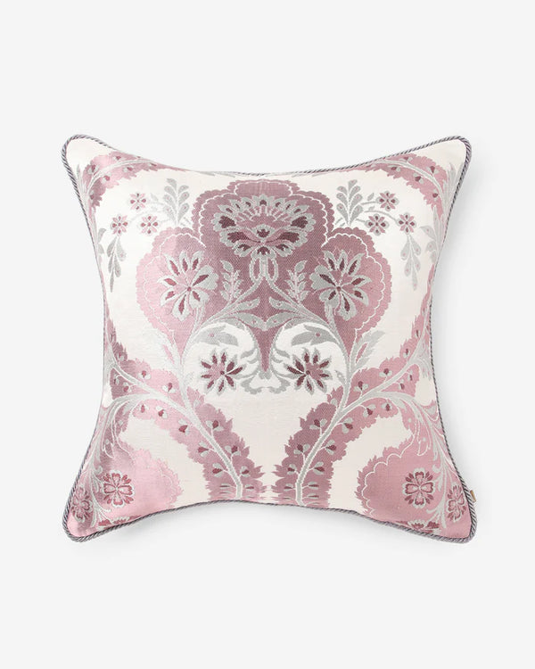 Front view of the 20x20 Vintage Rose Gyasar pillow featuring antique rose and silver motifs handwoven in the Banarasi tradition.