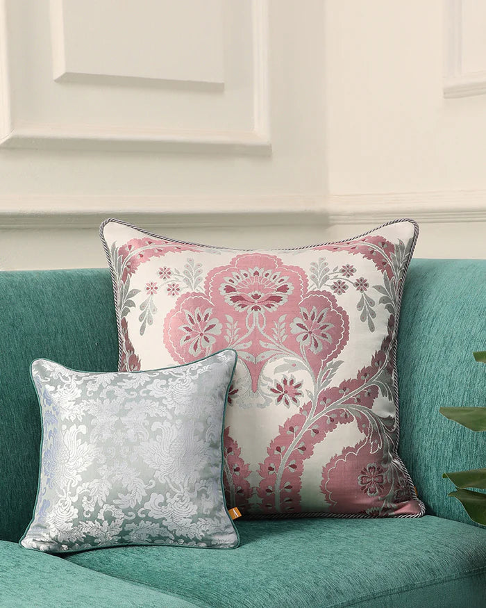 Antique-rose Gyasar silk pillow styled on a sofa