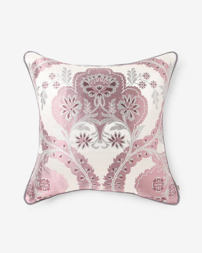 Front — antique-rose damask with silver threads woven into ivory Gyasar silk
