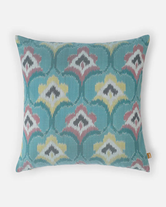 Front — rose, yellow and grey diamonds in aqua Pochampally ikat silk pillow