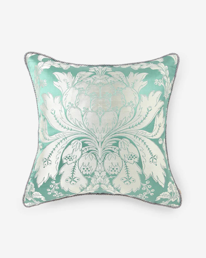 Front — ivory lotus-damask woven into aqua Gyasar silk