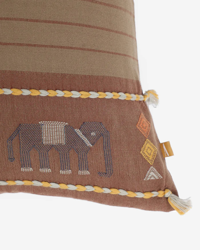 Close detail of the woven elephant motif and braided cord, not printed