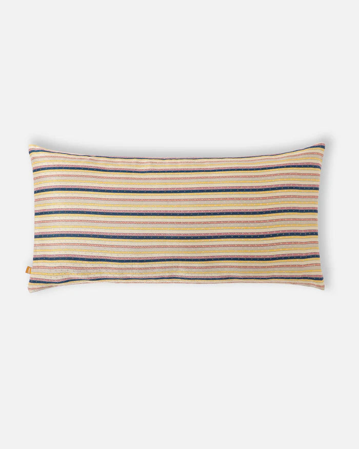 Reverse of silk lumbar pillow with a fine blush-and-navy ikat stripe