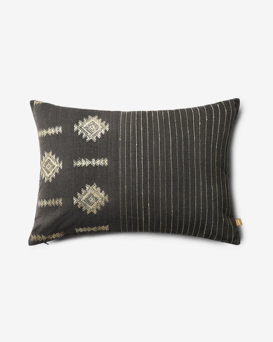 Front — charcoal-grey Bhujodi cotton with ivory-and-gold extra-weft diamond motifs and fine stripes