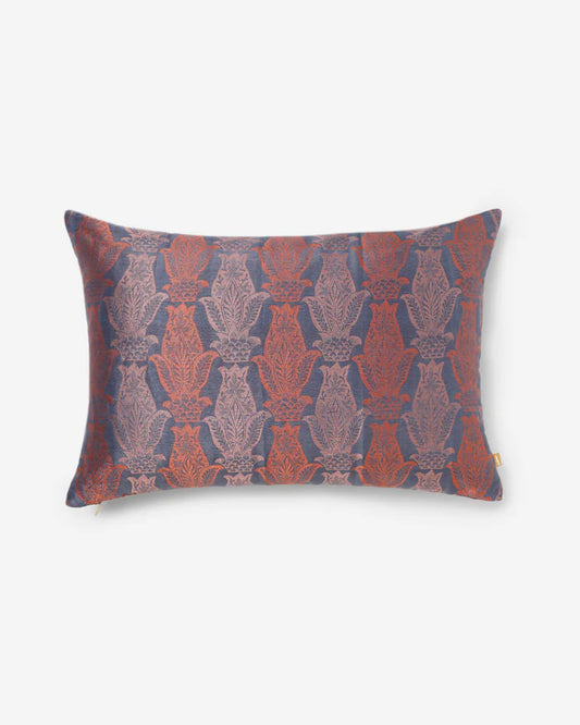 Tanchoi motifs woven into indigo mulberry silk — front of the Anār lumbar pillow