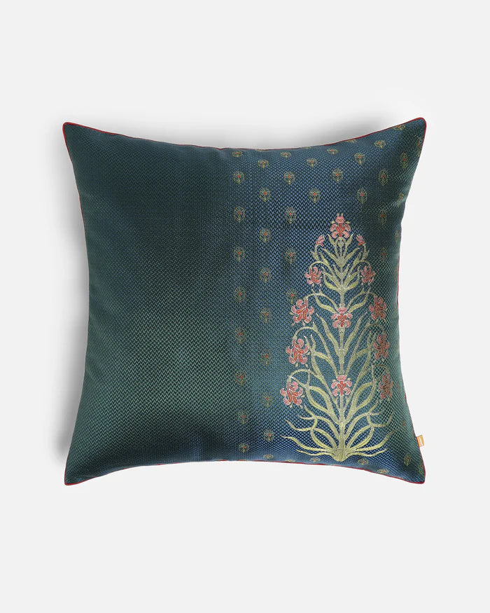 Front view of the 20x20 Emerald Green and Navy reversible silk pillow featuring a handwoven rose and coral floral motif on shimmering teal and green silk.