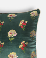 Detail of gold-zari wildflowers woven into the emerald silk, not printed