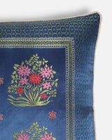 Detail of the silver-zari bouquet woven into the navy silk, not printed