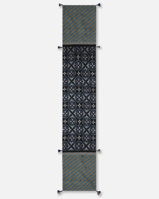 Full length of the indigo Pochampally ikat silk table runner