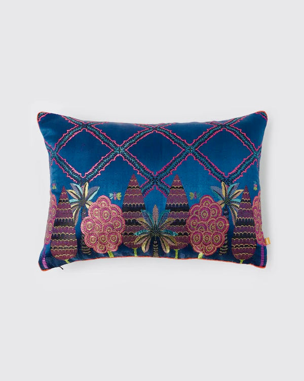 Front view of the Jugnu Midnight Garden pillow featuring violet Gyasar silk with woven cypress and palm tree motifs in jewel tones.