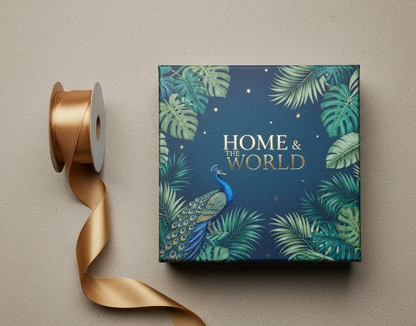 Home and The World luxury corporate gift box with gold ribbon for client thank-you gifts.