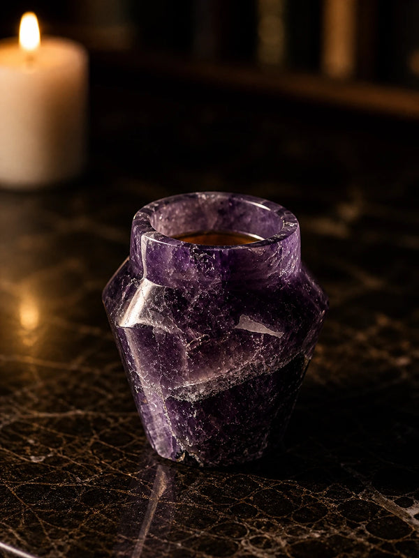 Hand-carved solid amethyst shot glass — a rare luxury housewarming gift handcrafted by artisans in Jaipur.