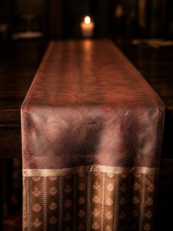 Handwoven rose gold Tanchoi silk table runner — a considered luxury gift, made in Varanasi.