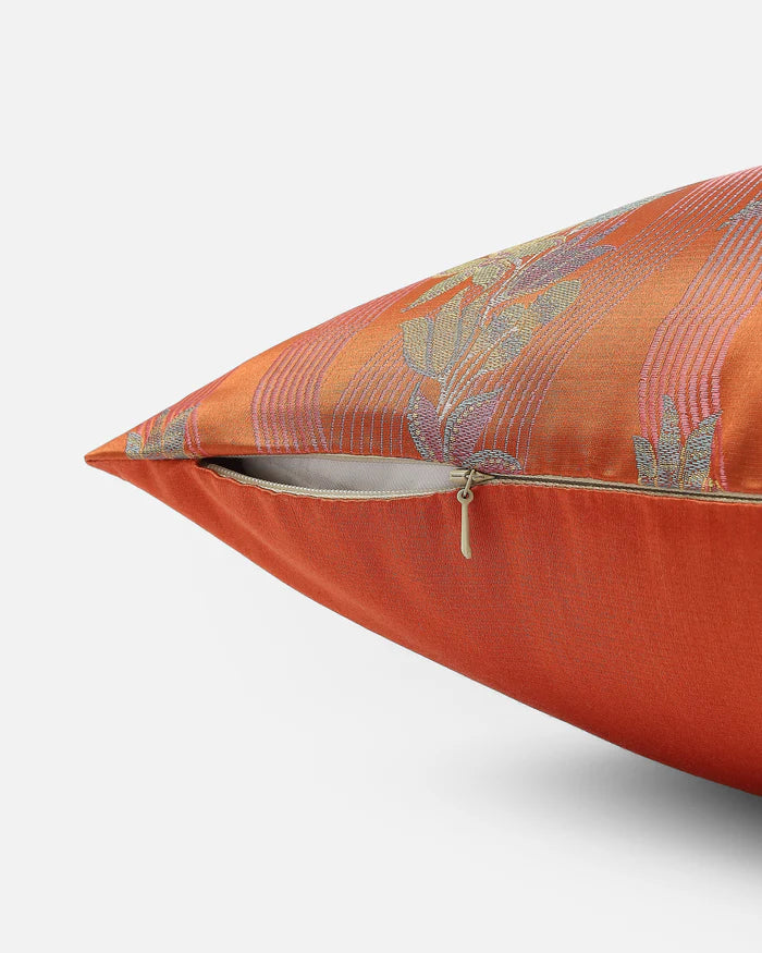 Side view showing Tanchoi weaving on marigold silk front and hidden zip