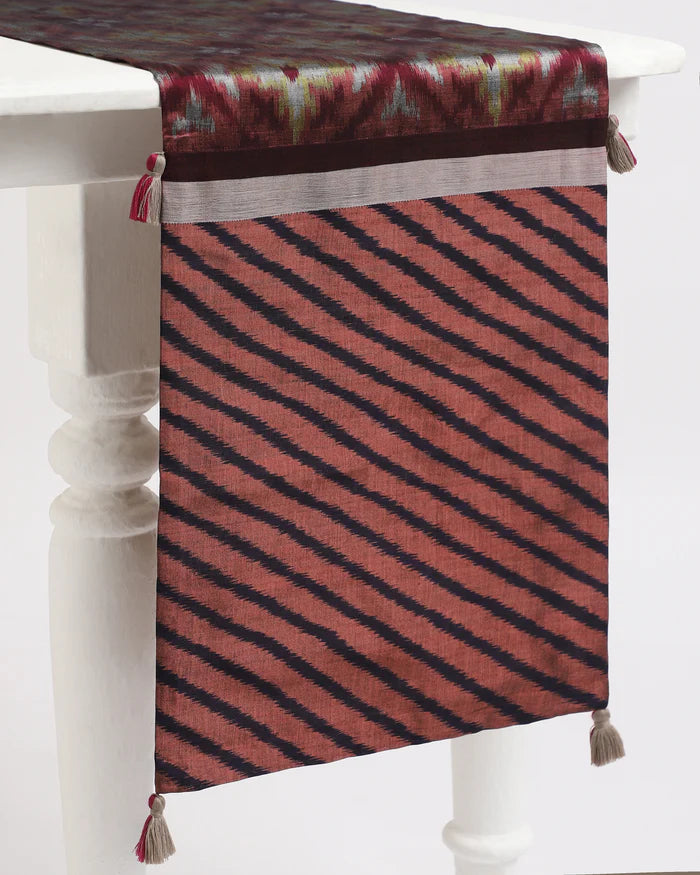 Ceremonial 72-inch Hearth table runner in maroon and burgundy double ikat silk with black leheriya diagonal striped ends.