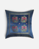 Front — four floral charbagh-garden quadrants woven into deep navy Gyasar silk