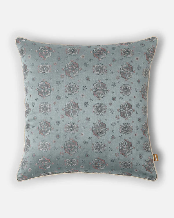 Front — powder-blue Tanchoi silk with woven floral motifs