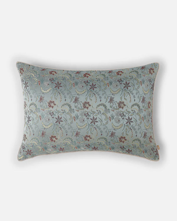Paisley-floral vine woven into duck-egg sage silk — front