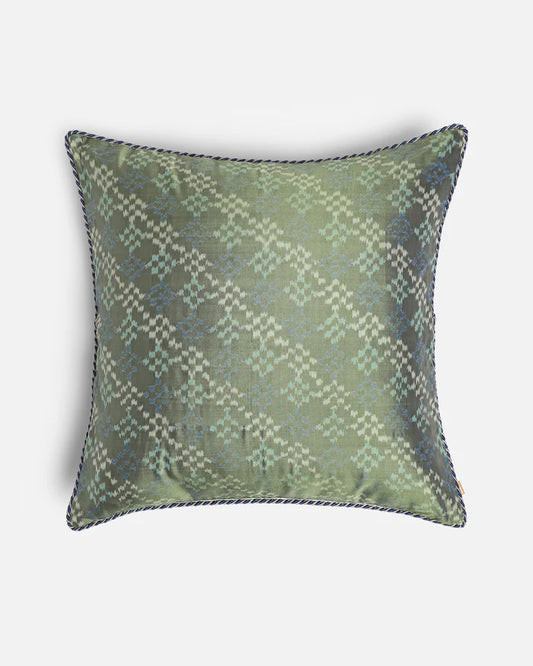 Front — sage-green diagonal diamond Pochampally ikat silk pillow with navy cord piping
