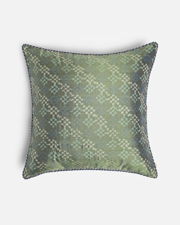 Front — sage-green diagonal diamond Pochampally ikat silk pillow with navy cord piping