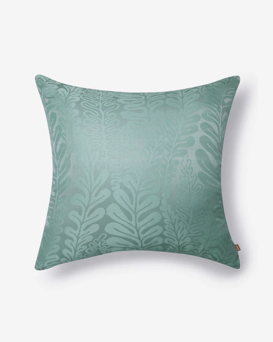 Front — tonal fern-and-leaf damask woven into seafoam-green Tanchoi silk