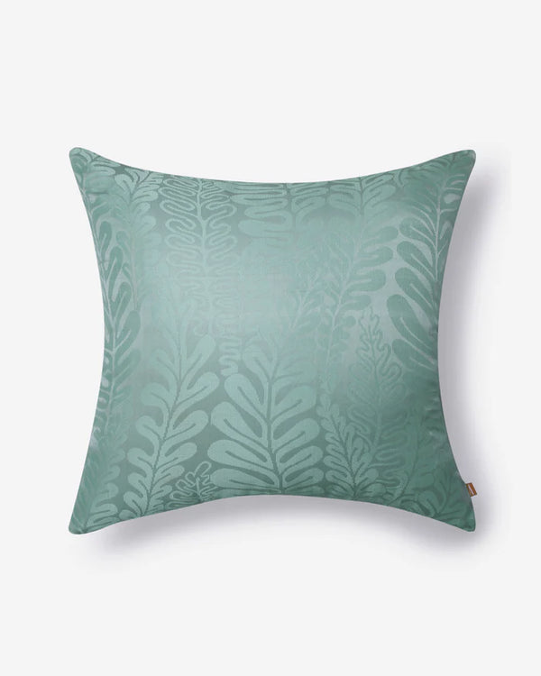Front — tonal fern-and-leaf damask woven into seafoam-green Tanchoi silk