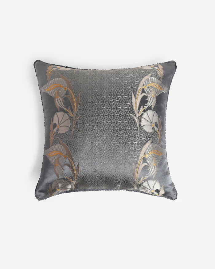 Front view of the Silver Laleh pillow in silver Gyasar silk featuring gold-tipped tulip motifs and a central geometric lattice panel.