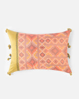 Front — coral and saffron lumbar pillow in Pochampally ikat silk with corner tassels