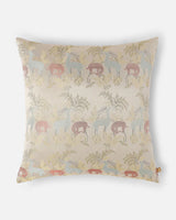 Deer’s Fable silk pillow with terracotta pink deer motifs on cream silk.